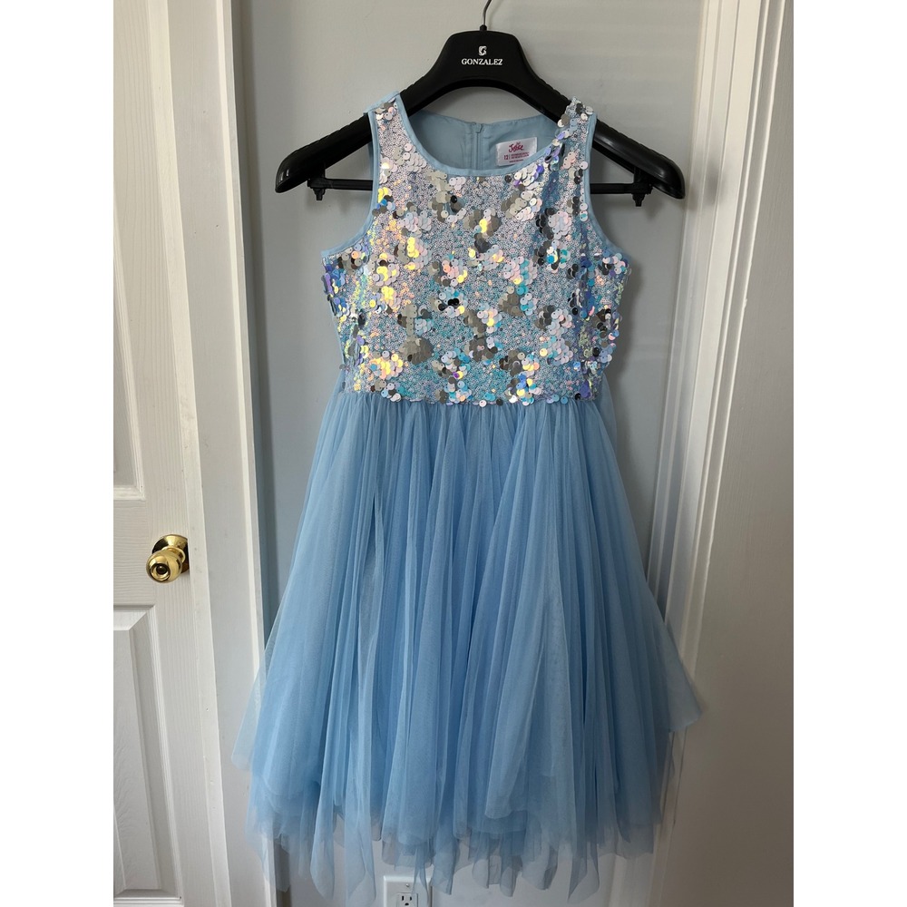Justice Girls Blue Sequin Frozen Tulle Party Dress Size 12 Holiday Special